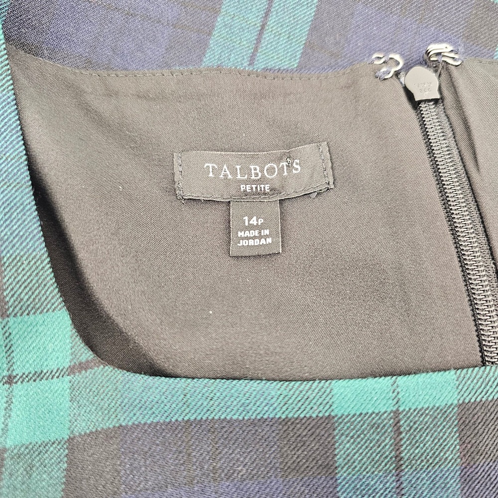 Talbots Plaid Sheath Dress 14P Green Navy Wool Blend Cap Sleeve Square Neck - Picture 5 of 6